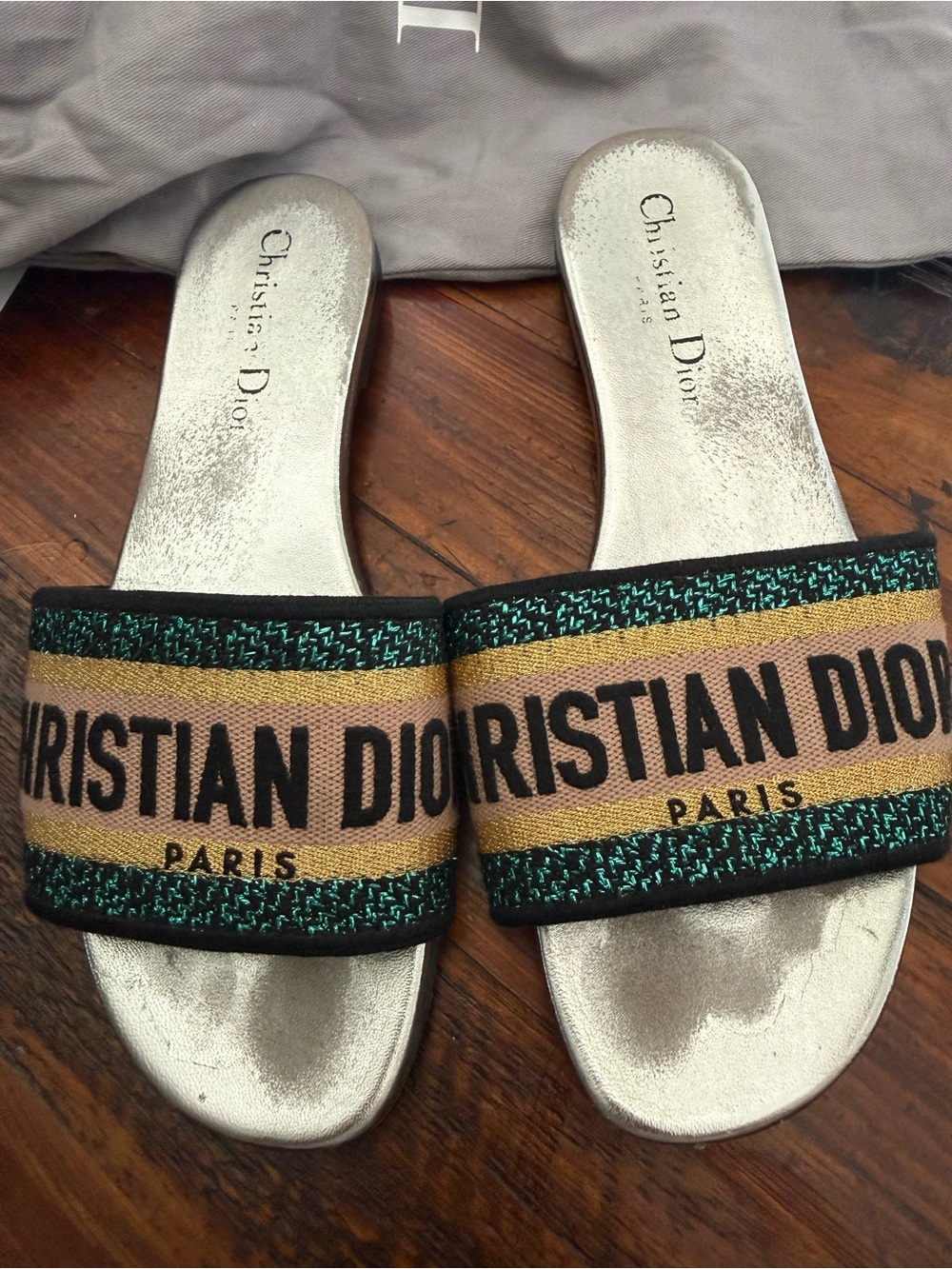 Dior Metallic Silver Slide Sandals with Green and Tan Embroidered Straps